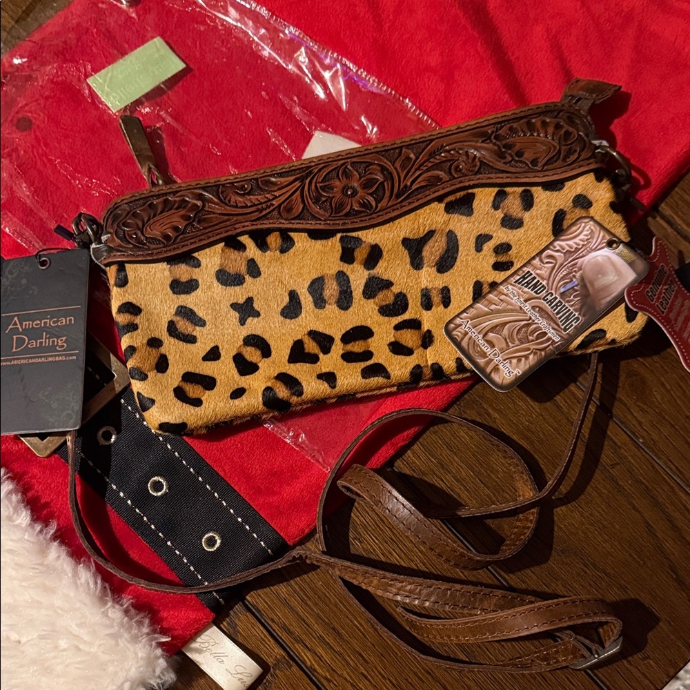 American Darling Tan and Brown Leather Leopard clutch/crossbody.